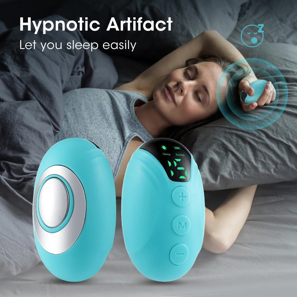Blue handheld Fitlybuy sleep aid device with digital display and control buttons, shown in use by a person in bed.