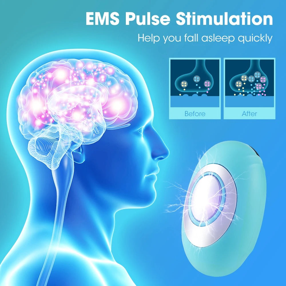 Fitlybuy handheld blue sleep aid device using CalmWave pulse technology shown with a glowing brain graphic.