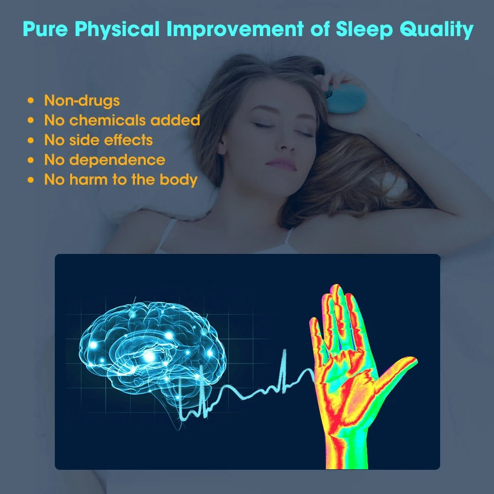 Fitlybuy blue handheld sleep aid device in use by a sleeping woman, with brain and thermal hand graphic overlay.