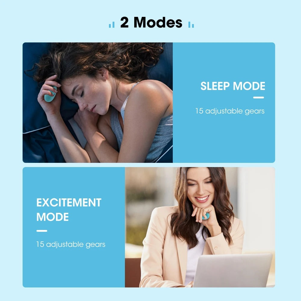 Fitlybuy handheld sleep aid device in teal, showing sleep and excitement modes with 15 adjustable gear levels.