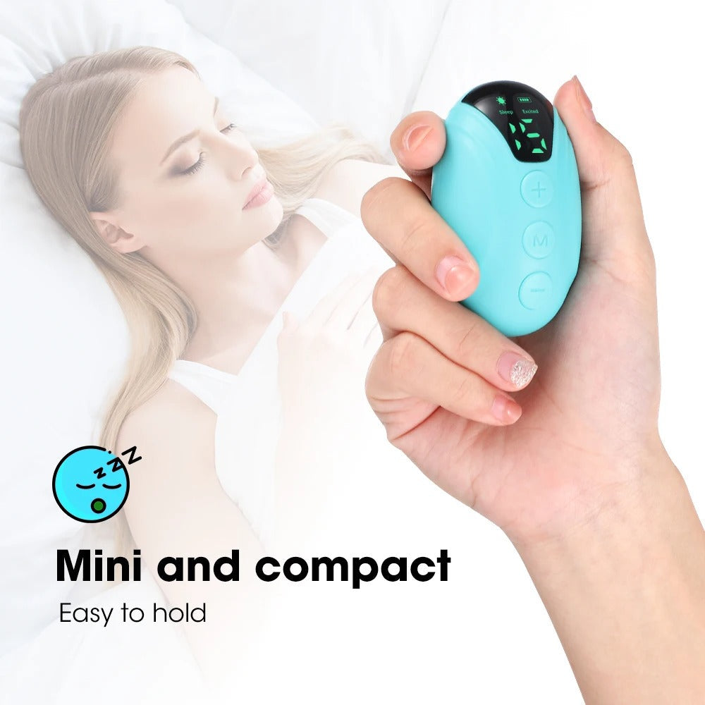Handheld cyan Fitlybuy sleep aid device with digital display, held by a person with a woman sleeping in the background.