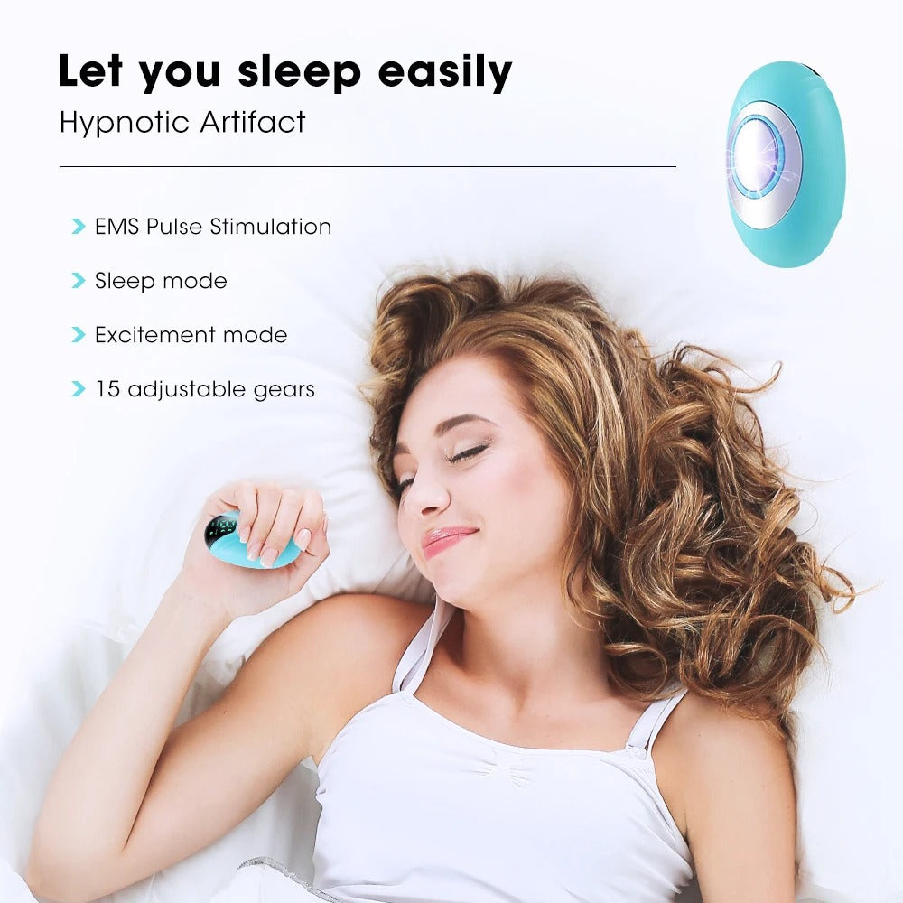 Fitlybuy blue handheld sleep aid device features EMS pulse stimulation, held by a woman sleeping in bed.