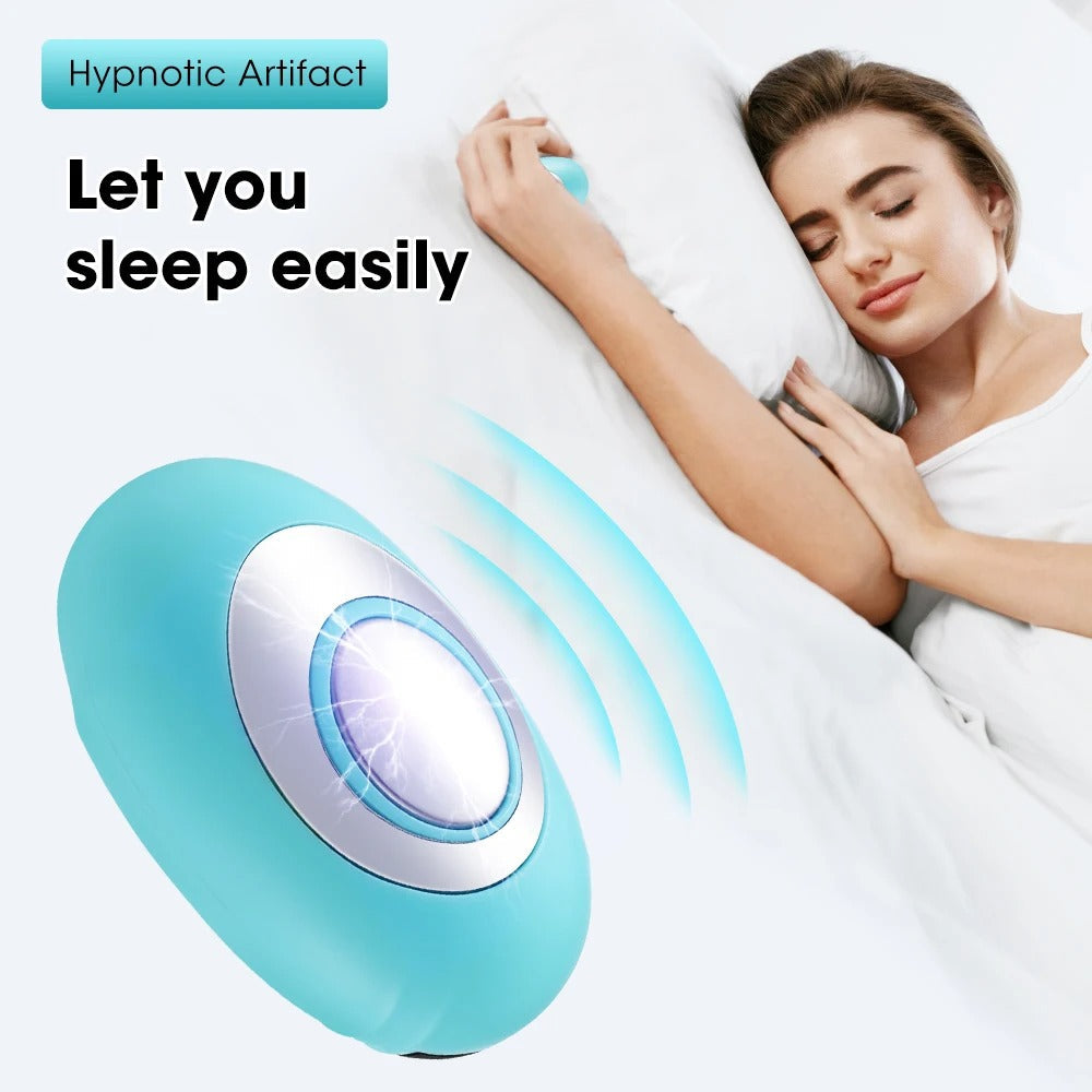Fitlybuy handheld teal sleep aid device with CalmWave tech, held by a woman sleeping peacefully in bed.