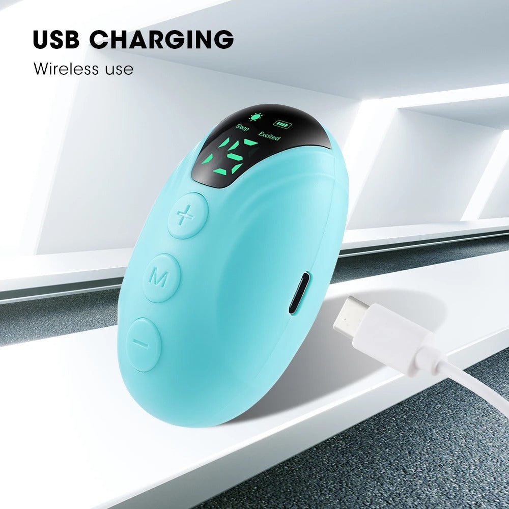 Blue Fitlybuy handheld sleep aid device with digital display, buttons, and USB-C charging cable on a white background.
