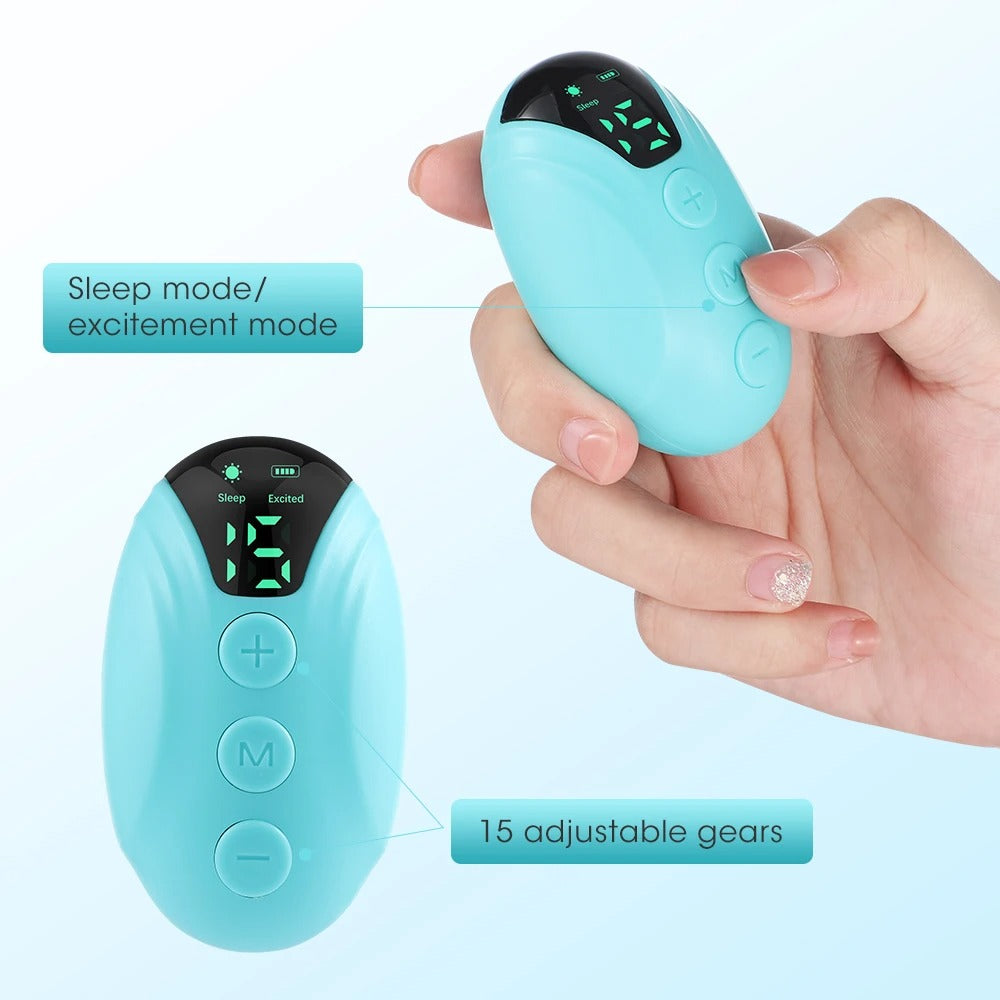 Blue handheld sleep aid device with digital display, 15 intensity gears, and sleep/excitement modes, held in a hand.