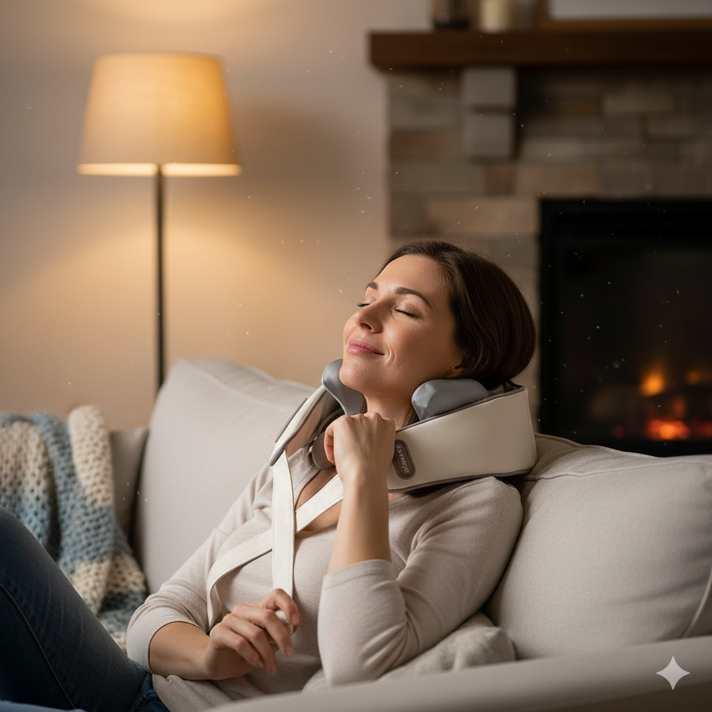 Woman relaxing on a couch using a beige Fitlybuy SootheTrapezius neck massager with heat therapy.