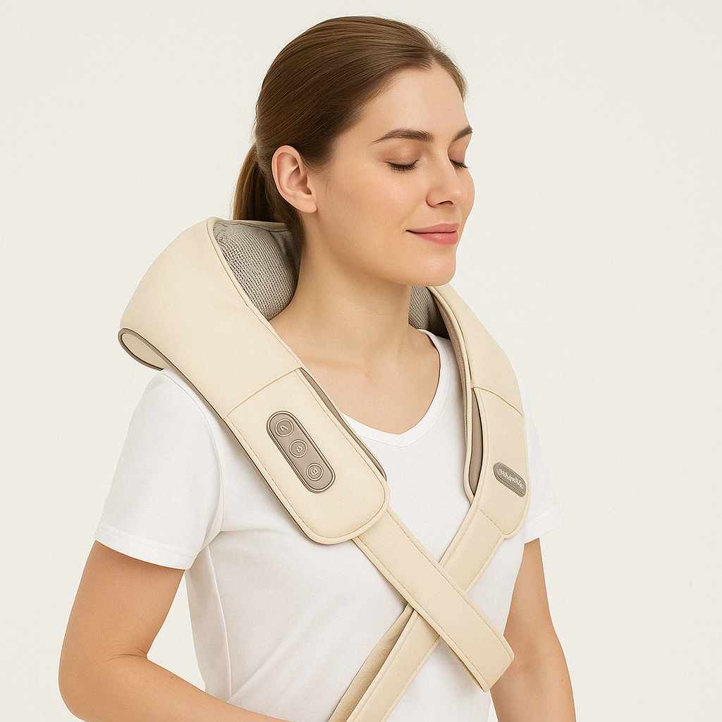 Woman wearing a cream electric neck and back massager with heat on the trapezius, indoor shelves behind her.