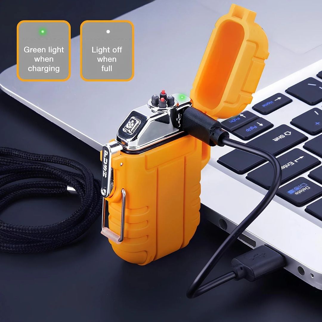Fitlybuy yellow waterproof survival lighter charging via USB on a laptop, showing ignition tech and charging indicators.