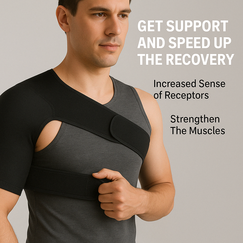 Man wearing a black Fitlybuy shoulder compression brace for stabilization, shown over a grey tank top.