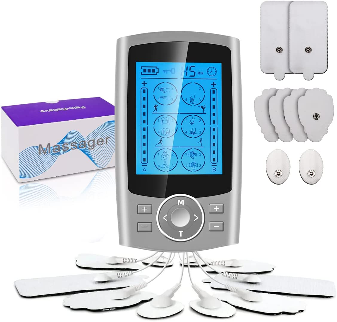 Fitlybuy silver TENS/EMS machine with blue backlit screen, control buttons, storage box, and 8 assorted electrode pads.