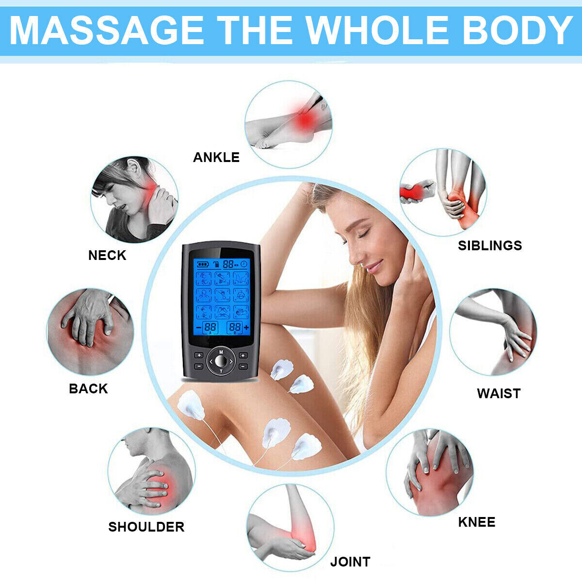 Fitlybuy TENS/EMS machine with blue LCD display, showing 36 modes for full-body pain relief on neck, back, and joints.