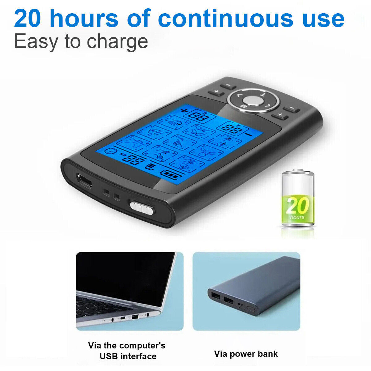 Fitlybuy HealTech black TENS/EMS machine with blue backlit screen, showing 36 therapy modes and 20-hour USB charging.