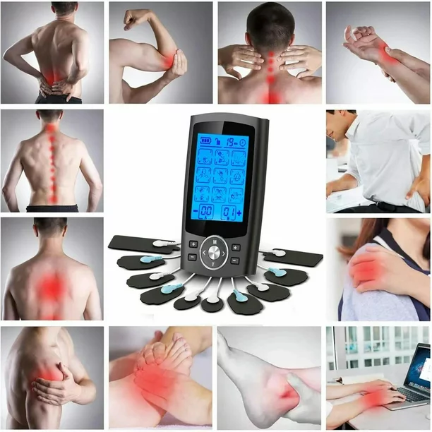 Fitlybuy TENS/EMS machine with blue backlit display and multiple electrode pads, showing various body pain relief uses.