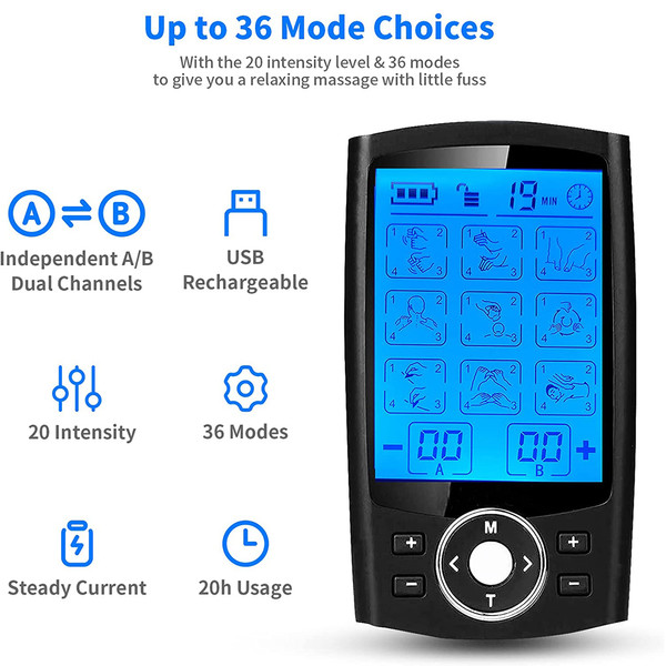 Fitlybuy HealTech TENS/EMS machine with blue LCD screen, 36 therapy modes, 20 intensity levels, and dual-channel USB.
