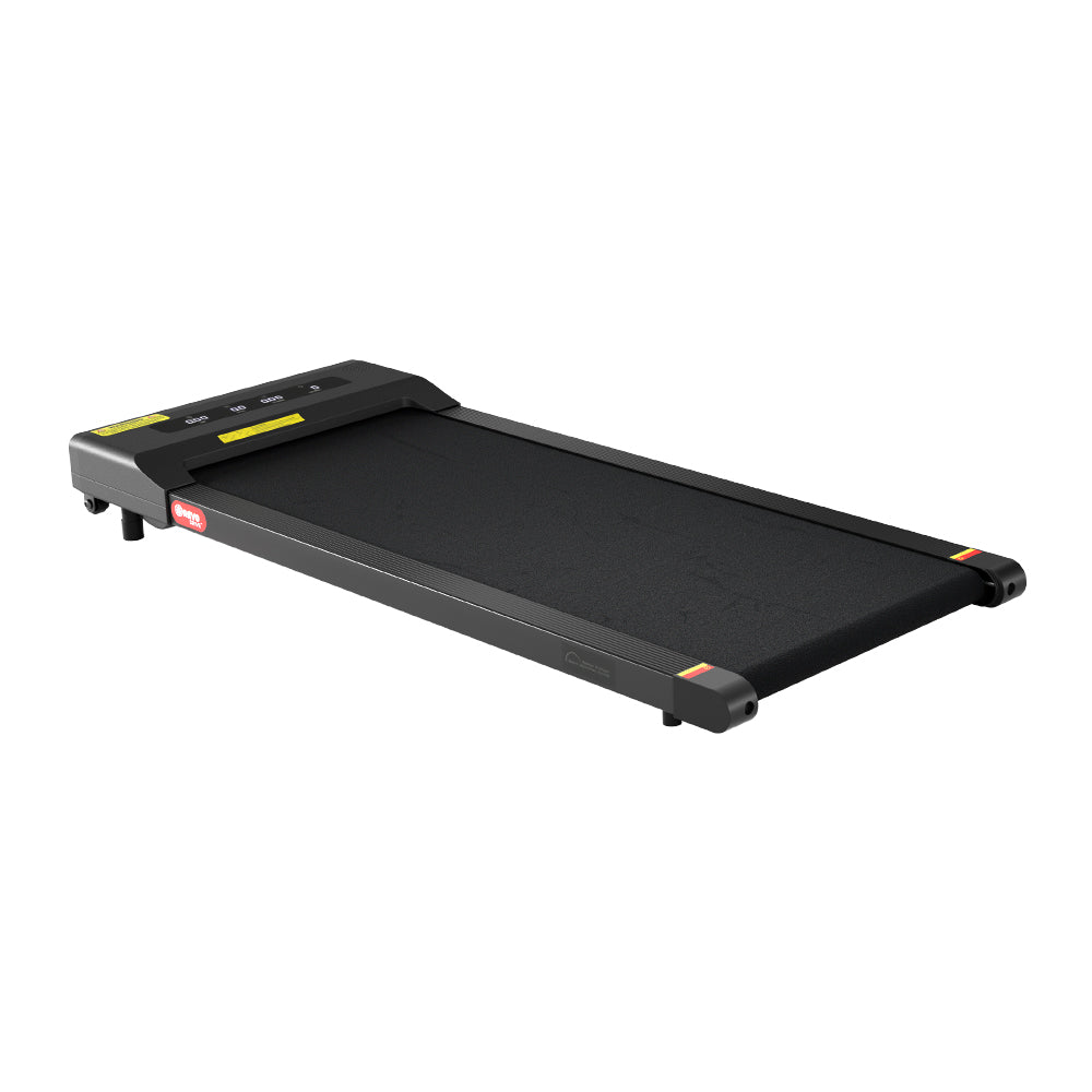 Fitlybuy ultra-slim black electric walking pad treadmill featuring a sleek, flat design for space-saving home use.