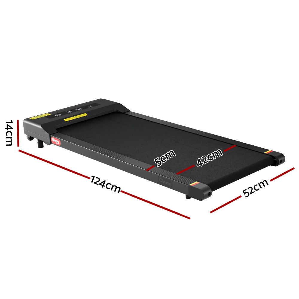 Ultra-slim black Fitlybuy electric walking pad treadmill showing precise dimensions for compact home gym storage.