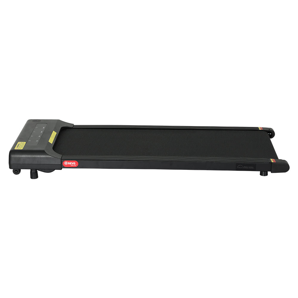 Ultra-slim, black Fitlybuy electric walking pad treadmill on a white background, viewed from the side.
