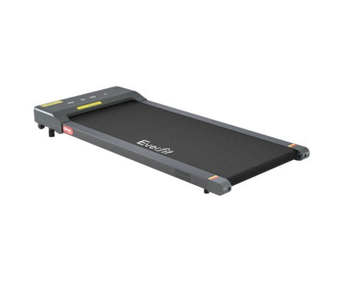 Ultra-slim grey Everfit electric walking pad treadmill with a black belt on a plain white background.