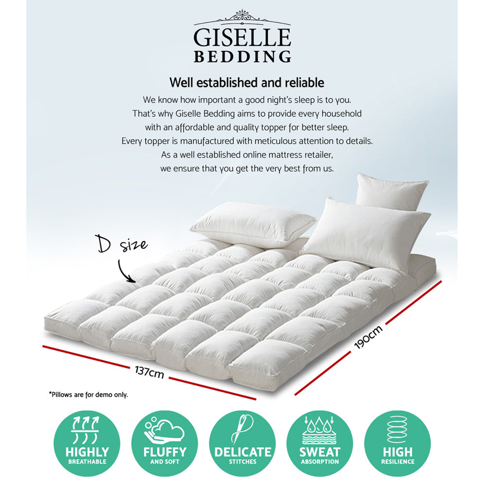 White Fitlybuy luxury pillowtop mattress topper with soft, tufted design, measuring 137cm x 190cm, with feature icons.