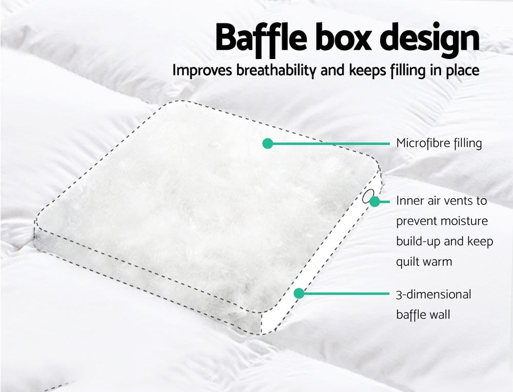 Fitlybuy white mattress topper featuring baffle box design, microfiber filling, and inner vents for breathability.