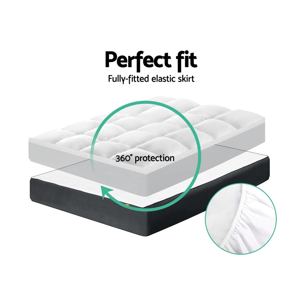 Fitlybuy white plush mattress topper with 360-degree elastic skirt for a secure, fitted bed protection.