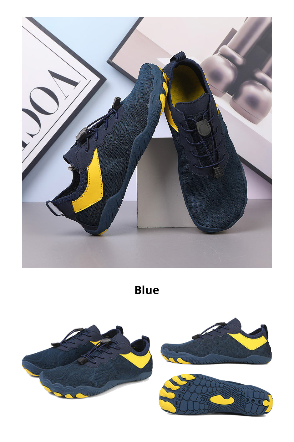 Blue and yellow Fitlybuy AquaStep non-slip barefoot water shoes with quick-dry mesh and rugged grip soles.