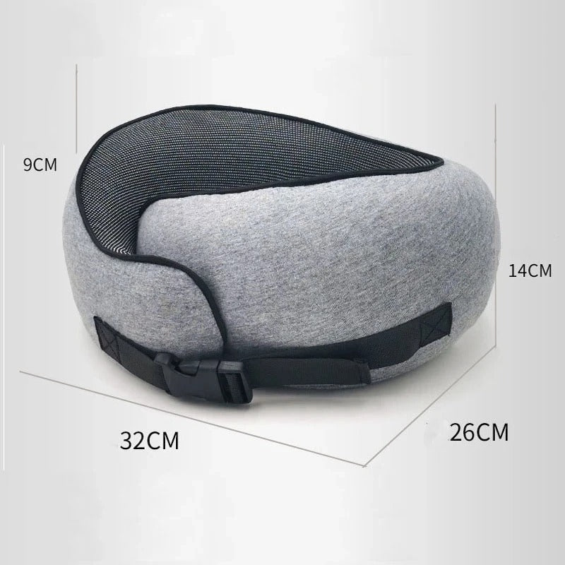 Gray Fitlybuy memory foam travel neck pillow with a black buckle strap and mesh lining, labeled with dimensions.