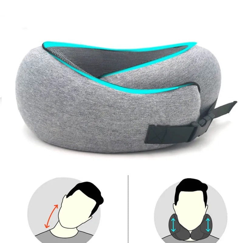 Gray Fitlybuy memory foam travel neck pillow with turquoise trim, adjustable strap, and diagram showing neck support.
