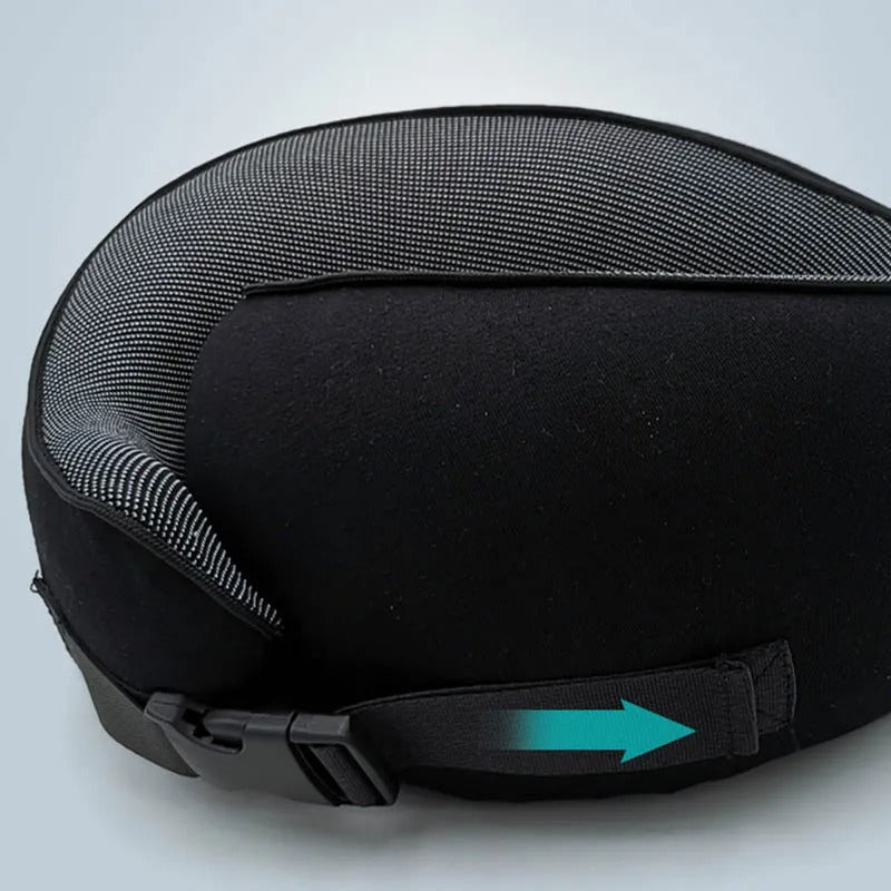 Fitlybuy black memory foam travel neck pillow with grey mesh, ergonomic design, and adjustable buckle strap.