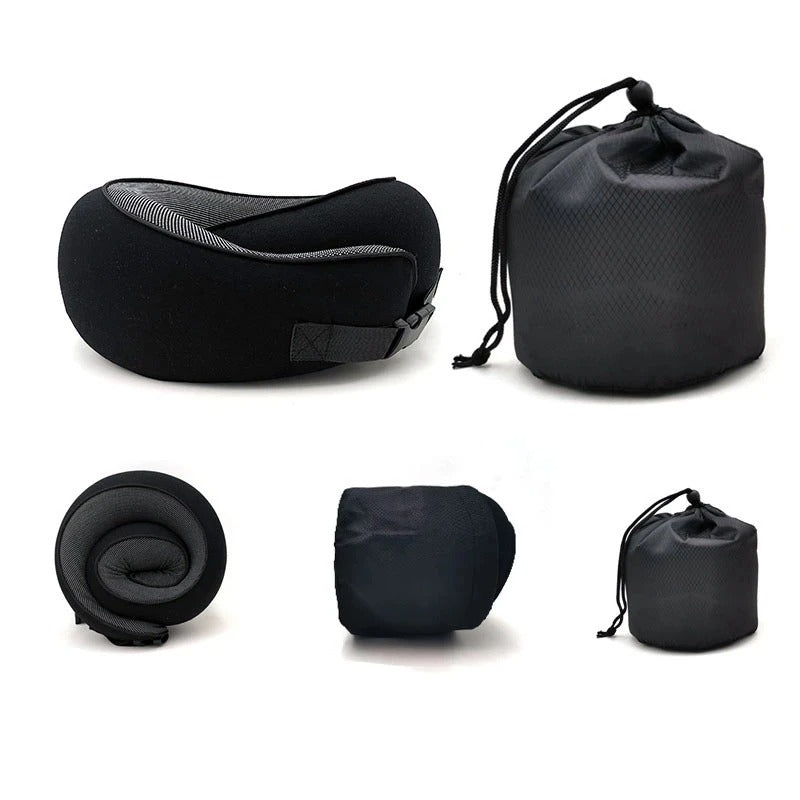 Black Fitlybuy memory foam travel neck pillow with adjustable buckle, shown unfolded and packed in a drawstring bag.