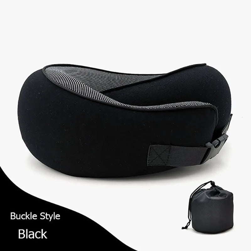 Black Fitlybuy memory foam travel neck pillow with an ergonomic buckle closure and a matching drawstring storage bag.