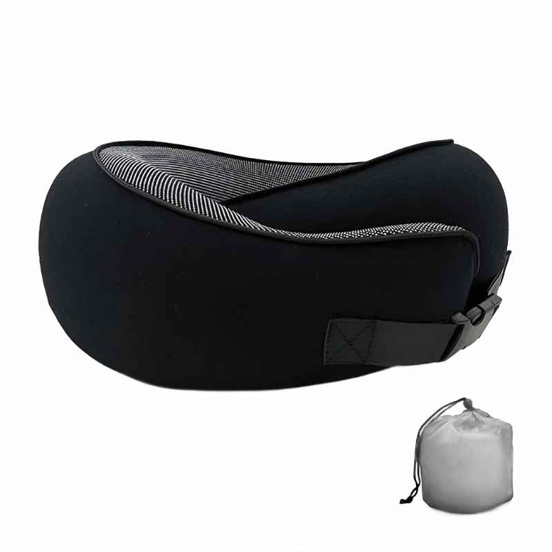 Fitlybuy ergonomic black memory foam travel neck pillow with adjustable buckle and gray storage bag.