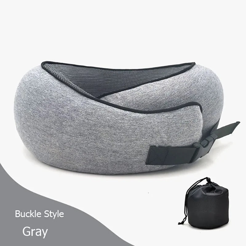Fitlybuy gray ergonomic memory foam travel neck pillow with adjustable buckle strap and black storage pouch.