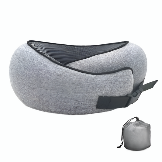 Grey Fitlybuy memory foam travel neck pillow with adjustable buckle strap and included storage drawstring bag.