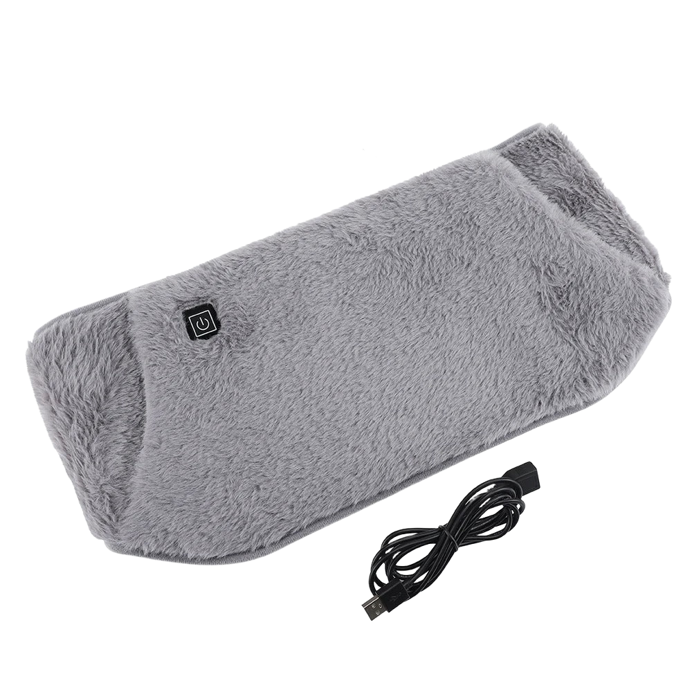 Grey, plush USB-powered electric hand and waist warmer with a power button, shown with an included charging cable.