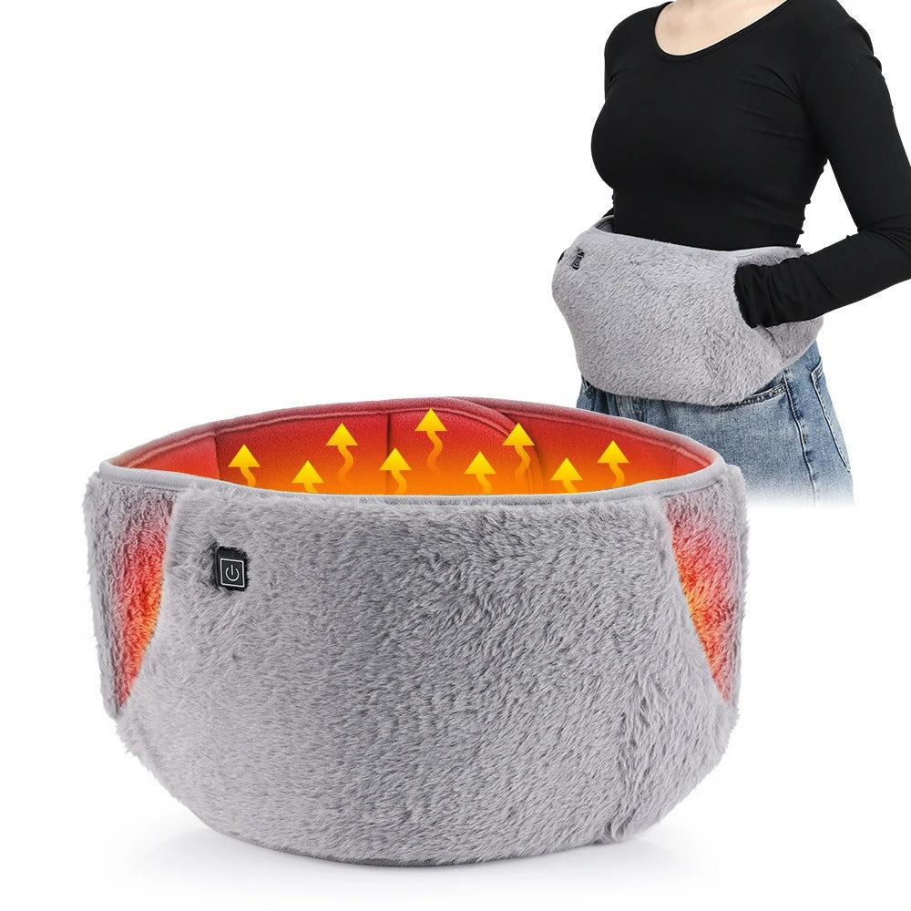 Gray, plush USB electric waist and hand warmer with RapidHeat technology and power button, shown worn around the waist.