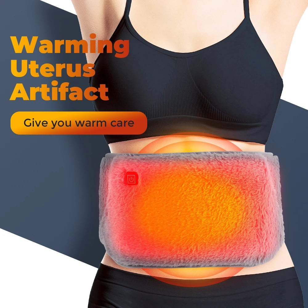 Fitlybuy grey, plush USB waist warmer worn around the abdomen with RapidHeat technology and power button illuminated.