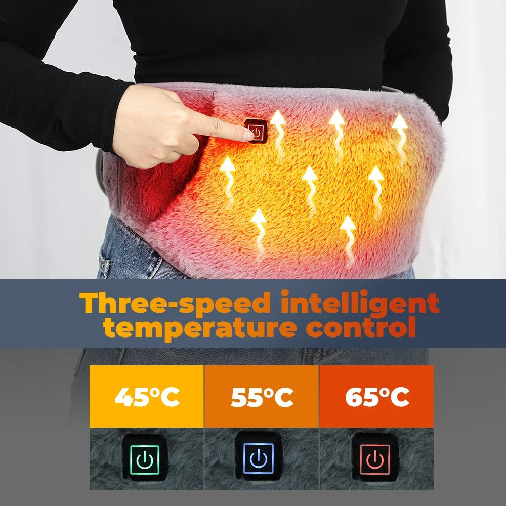 Fitlybuy plush pink USB waist warmer with power button and 3-speed temperature control graphic (45°C, 55°C, 65°C).
