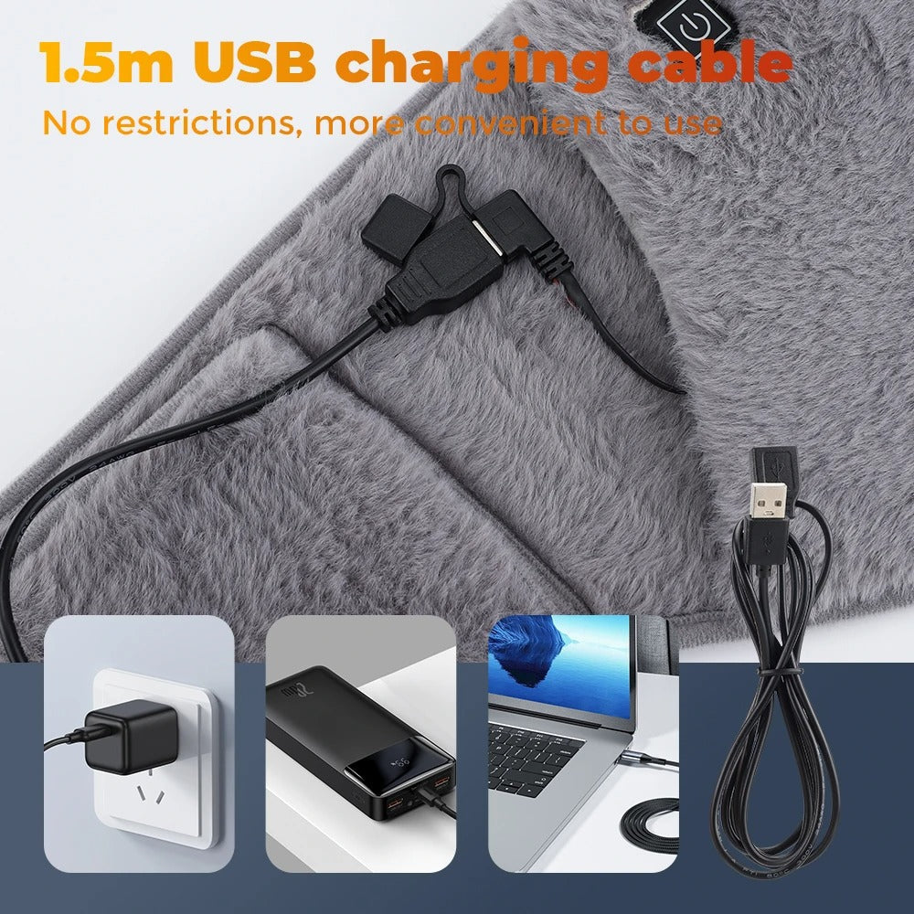 Grey faux-fur Fitlybuy electric warmer with USB cable, shown charging via wall plug, power bank, and laptop.