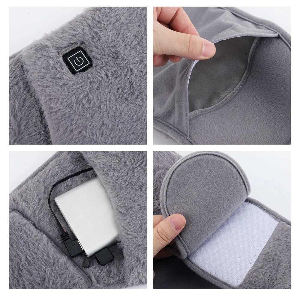 Grey faux-fur USB electric waist warmer with a power button, hidden pocket for a power bank, and adjustable velcro strap.
