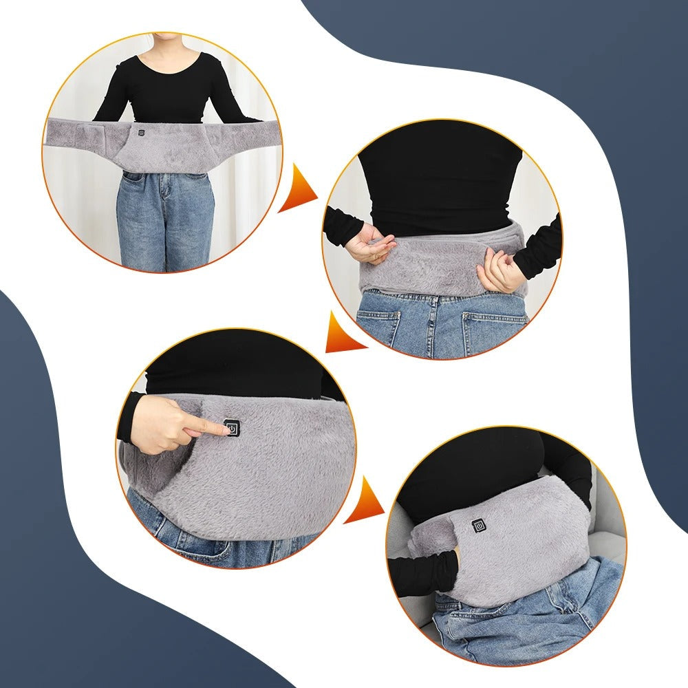 Fitlybuy gray faux-fur USB electric waist and hand warmer with a power button, shown wrapped around a user's waist.