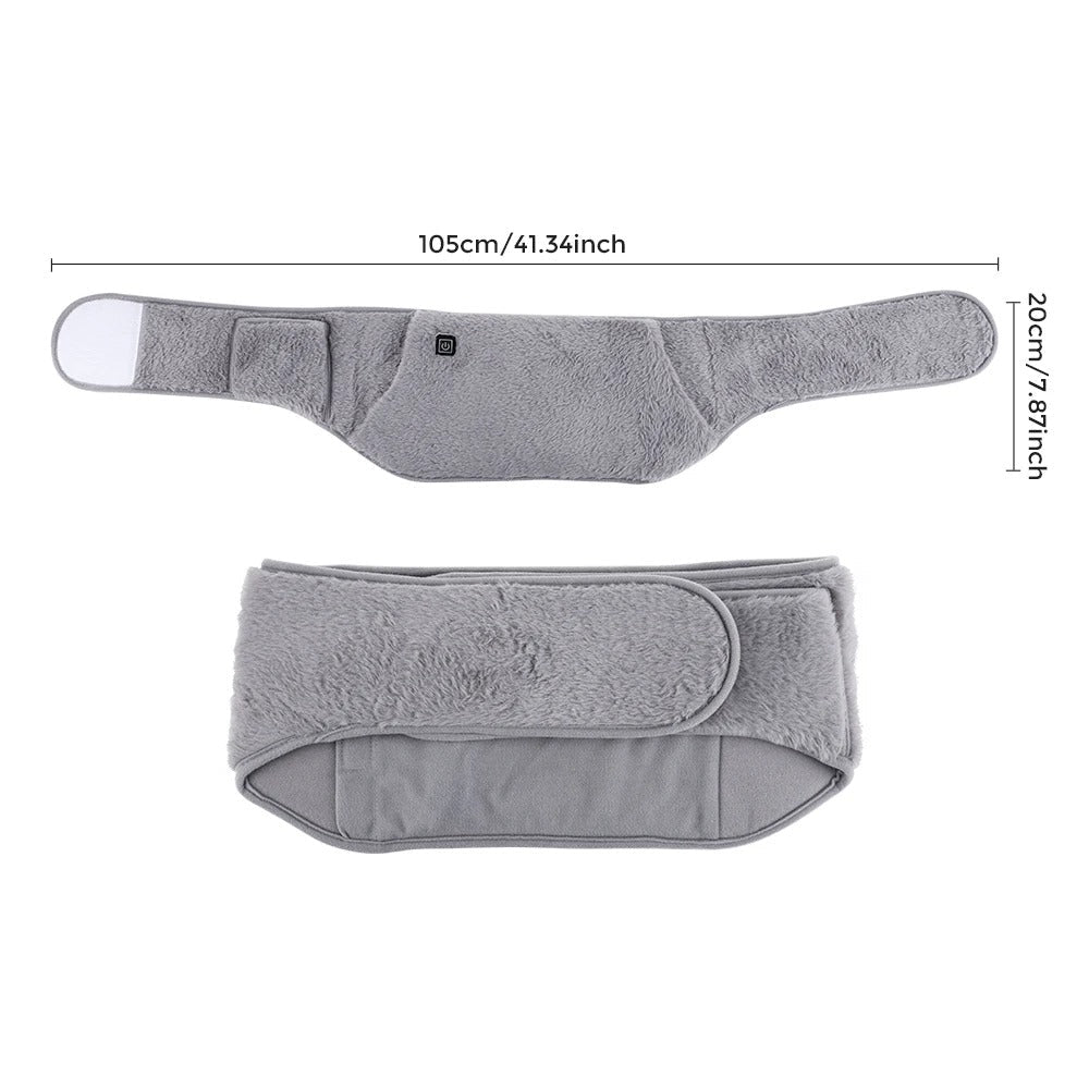 Gray fuzzy Fitlybuy USB electric waist warmer with RapidHeat technology, shown flat and folded with dimension labels.
