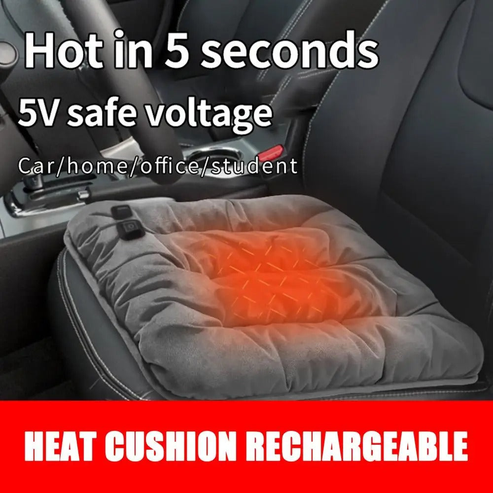 Gray Fitlybuy USB rechargeable heated seat cushion on a car seat, featuring advanced heat distribution technology.