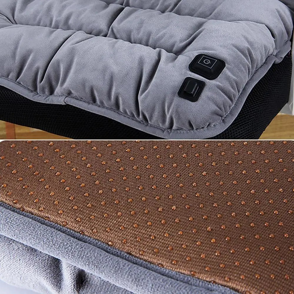 Grey, tufted, USB-rechargeable Fitlybuy heated seat cushion with power controls and a brown non-slip silicone base.