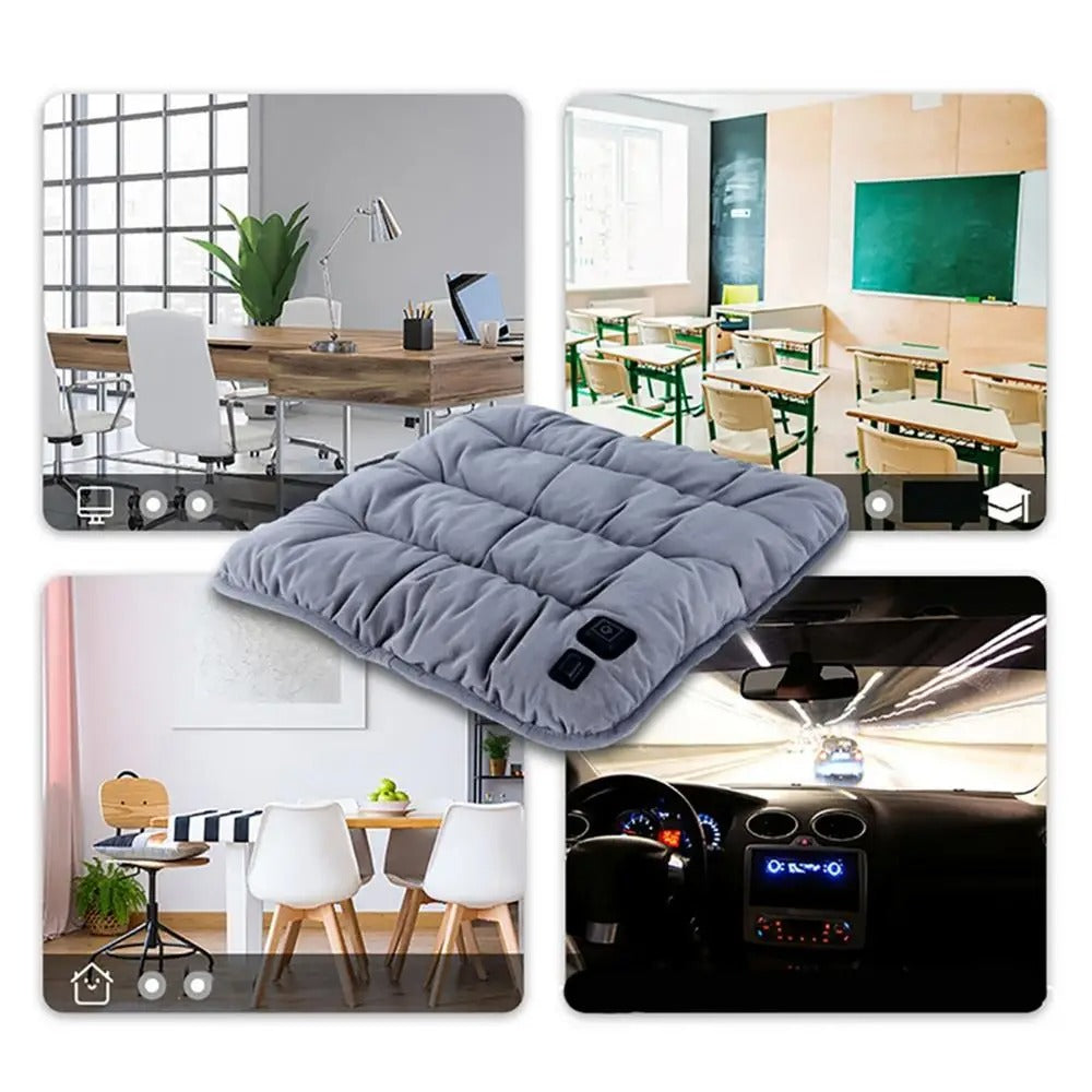 Grey, tufted, USB-rechargeable heated seat cushion with control buttons, shown in office, classroom, home, and car settings.