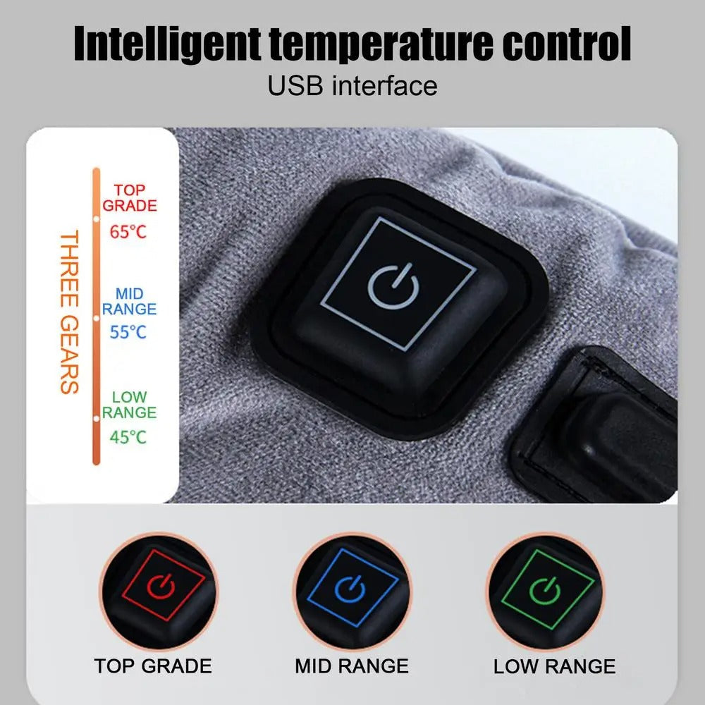 Gray Fitlybuy heated seat cushion showing a power button with 3 color-coded heat settings: 45°C, 55°C, and 65°C.