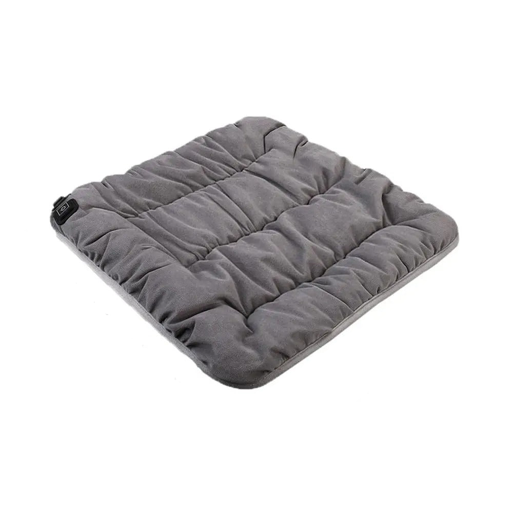 Fitlybuy gray, quilted USB rechargeable heated seat cushion with power button, shown against a white background.
