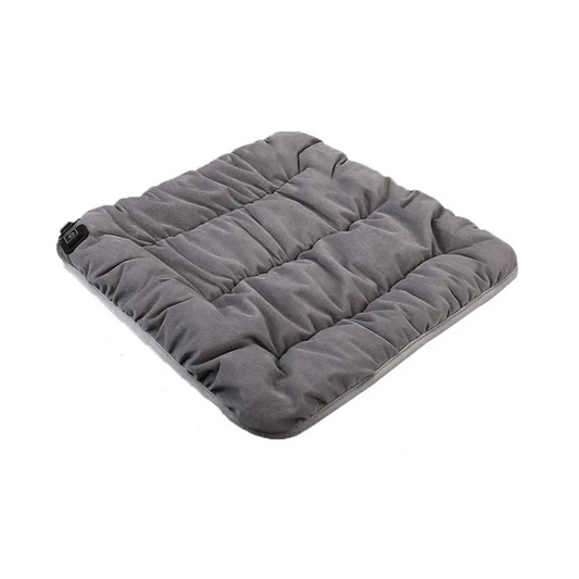 Fitlybuy gray, quilted USB rechargeable heated seat cushion with power button, shown against a white background.