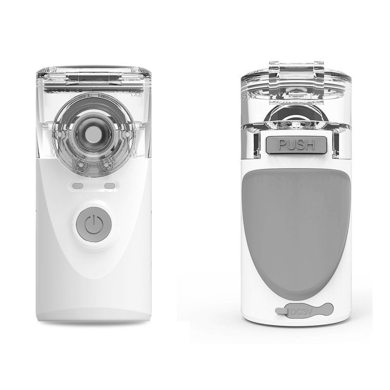 Fitlybuy white and grey handheld portable nebulizer with clear misting cap and power button, shown from two angles.