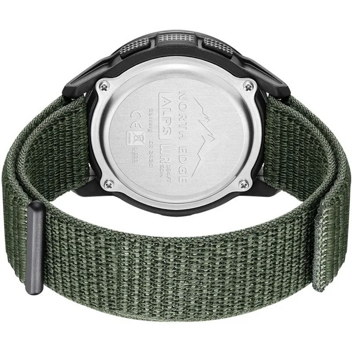 Back view of Fitlybuy carbon fiber outdoor watch with olive green nylon strap and engraved metal case back.